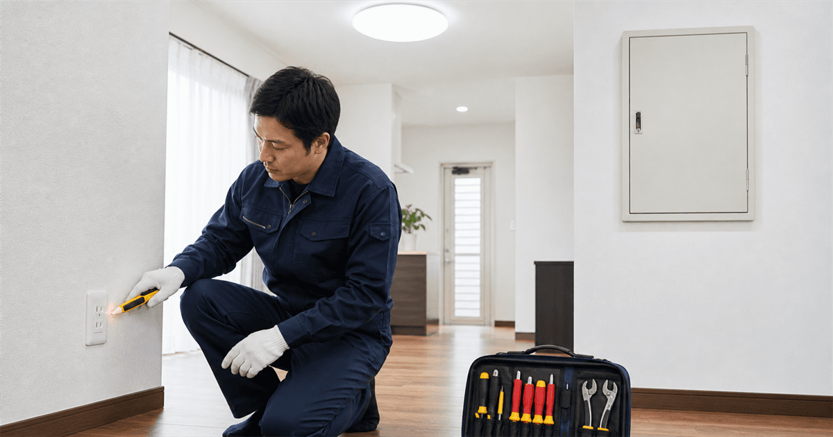 住宅のコンセントを安全に点検する電気工事スタッフ