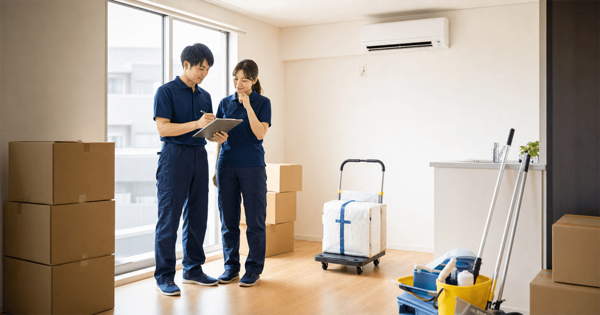 退去前の室内で引越しと清掃の段取りを確認する作業スタッフ