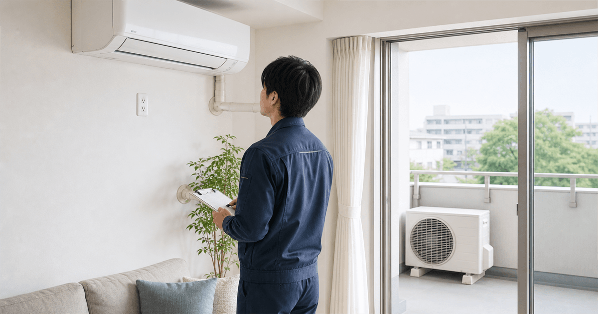エアコンの室内機と室外機の設置場所を確認する作業スタッフ