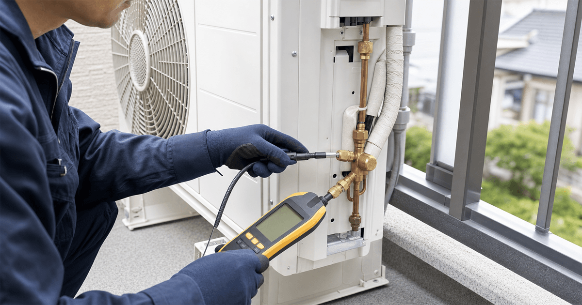 A technician using a detector to inspect an outdoor-unit flare connection
