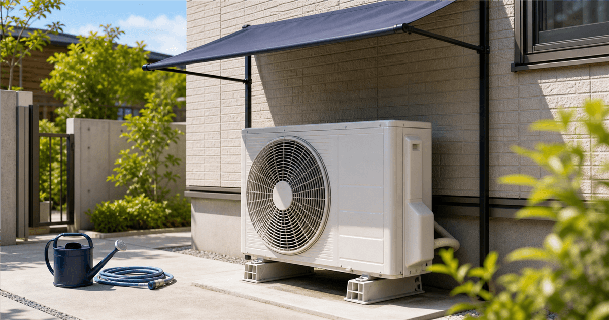 真夏の住宅で日よけの下に設置され、周囲の風通しが確保されたエアコン室外機