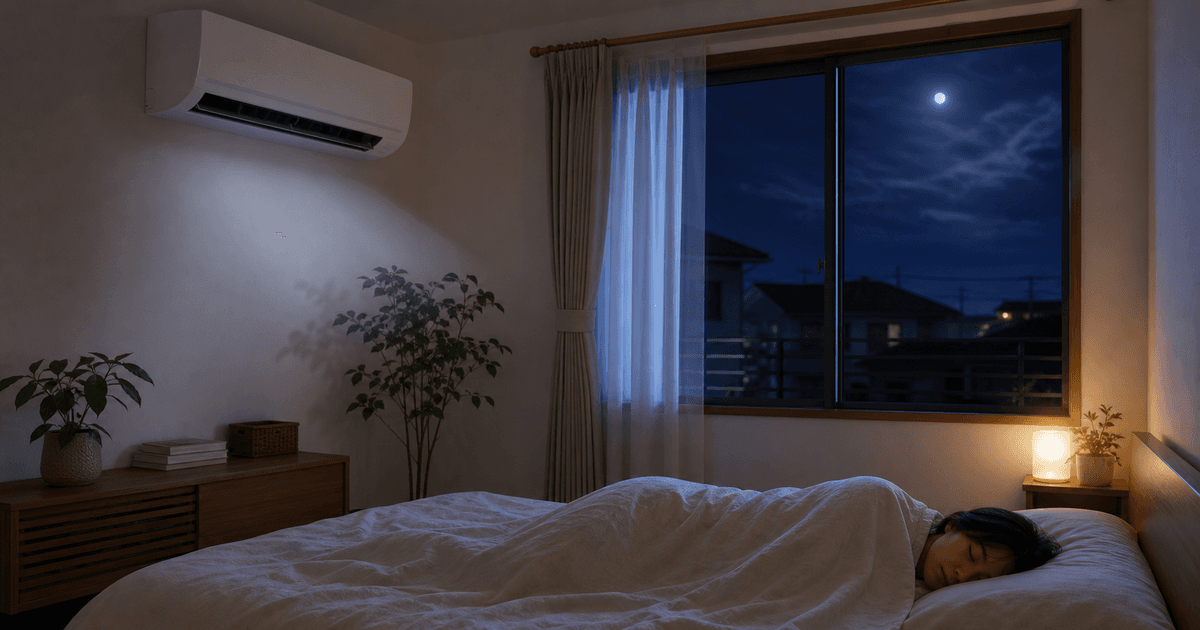 夏の夜、寝室の壁掛けエアコンを運転しながら就寝する様子を表した説明用イメージ
