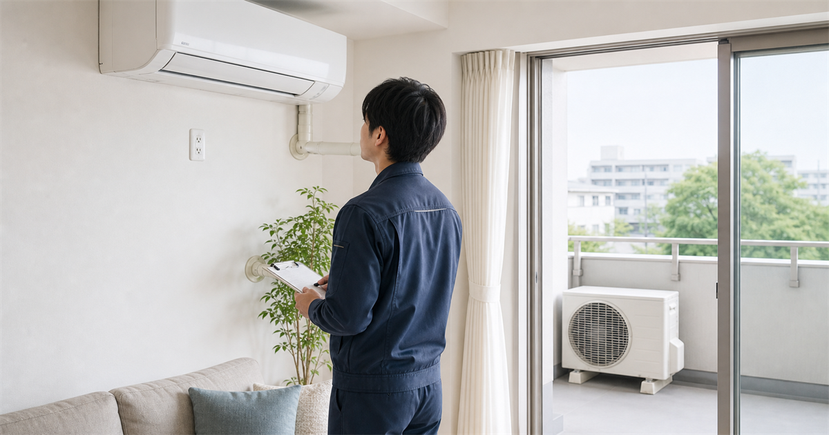 エアコンの室内機と室外機の設置場所を確認する作業スタッフ