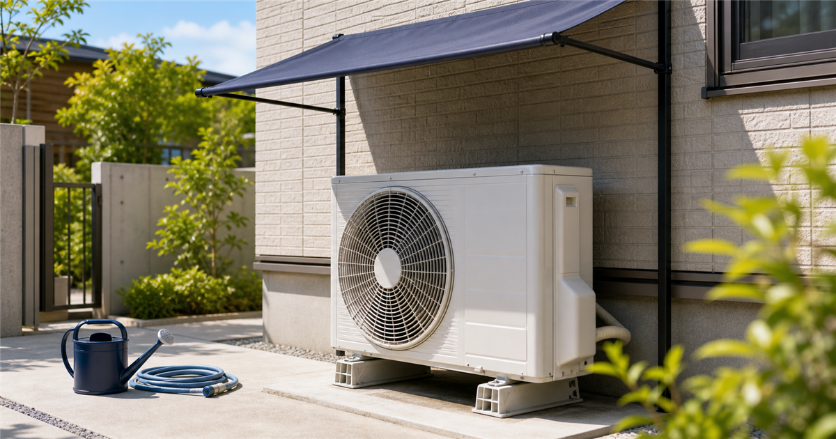 真夏の住宅で日よけの下に設置され、周囲の風通しが確保されたエアコン室外機