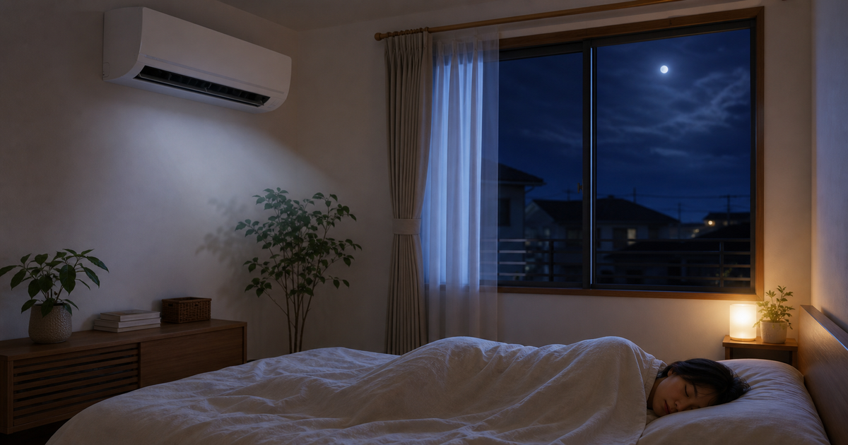 夏の夜、寝室の壁掛けエアコンを運転しながら就寝する様子を表した説明用イメージ