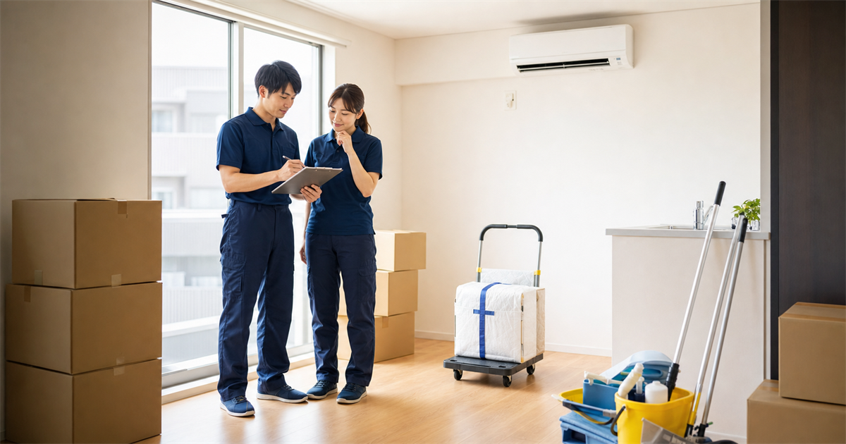 退去前の室内で引越しと清掃の段取りを確認する作業スタッフ